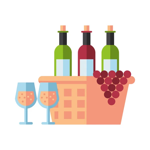 Botellas de vino bebida en cesta y uvas — Vector de stock