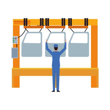 Araba tamircisi, renkli tasarımla bir araba kapısı tutuyor.