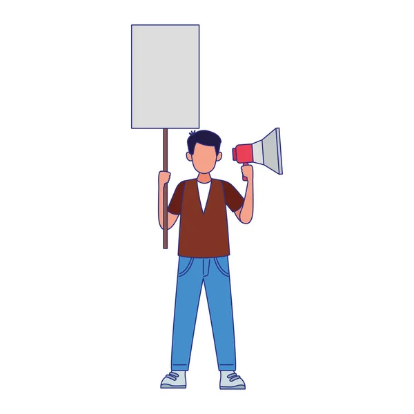 Man standing holding a megaphone and blank sign — 스톡 벡터