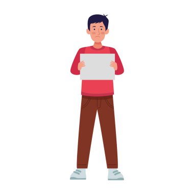 Çizgi filmci elinde boş bir afiş simgesi tutuyor, renkli tasarım.