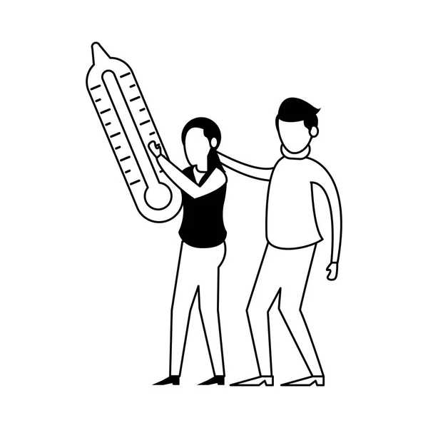 Couple lifting thermometer measure characters — ストックベクタ