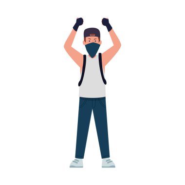 Çizgi filmdeki vandal adam eldiven ve mendil kullanarak ayakta duruyor.