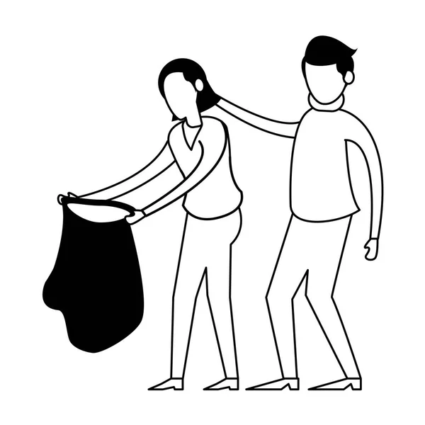 Couple avec sac poubelle en plastique — Image vectorielle