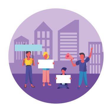 Protesto pankartlı ve megafonlu eylemciler