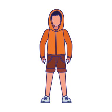 Çizgi film çocuğu süveter ve şort giyiyor, renkli tasarım.