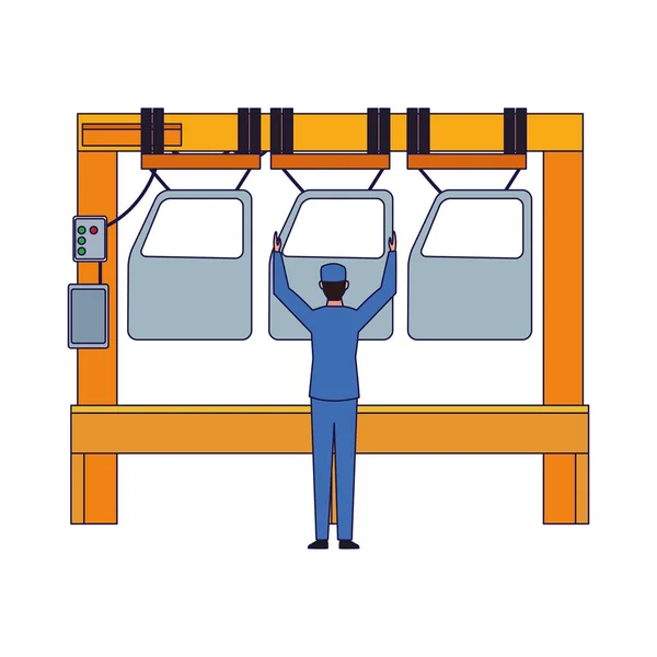 Automechaniker hält Autotüren an Maschine — Stockvektor