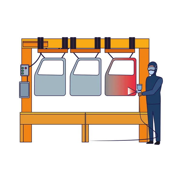 Homme peignant une voiture de porte sur la machine, design coloré — Image vectorielle