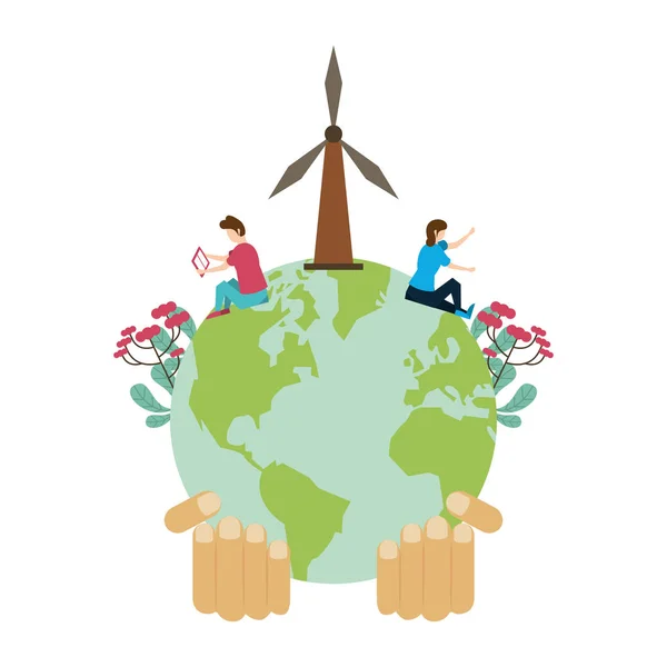 Welt Planet Erde mit Windmühlen und Paar — Stockvektor