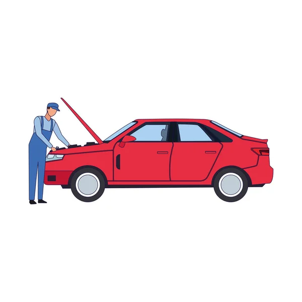 Auto monteur vaststelling van een rode auto, kleurrijk ontwerp — Stockvector