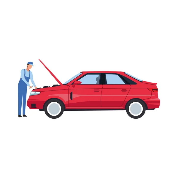 赤い車を固定する車の整備士 — ストックベクタ