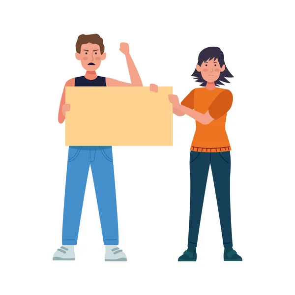 Cartoon woman and man standing holding a blank sign — Stock Vector