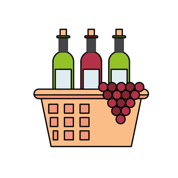 Botellas de vino con uvas en paja de canasta — Vector de stock