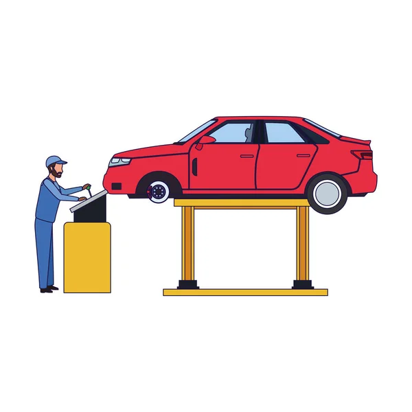 Man supervising a lifted car, colorful design — Stock Vector