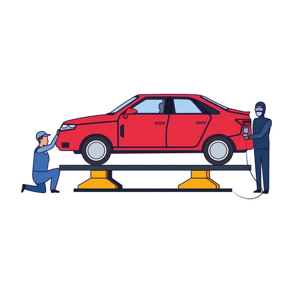 Bilmekanik arbetar med en röd bil — Stock vektor
