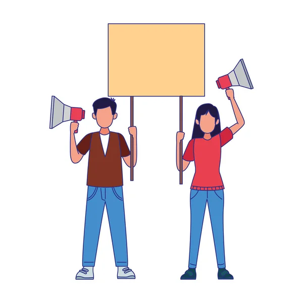 Cartoon man and woman protestating with megaphones and holding a blank sign — Stock Vector