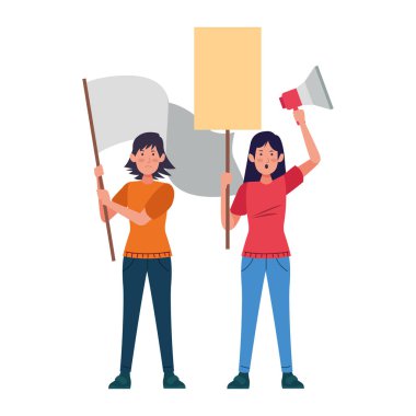 Çizgi filmdeki kadınlar boş işaretler ve megafonla protesto ediyorlar.