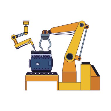 Robot kollar bir araba motoru tutuyor, renkli tasarım.