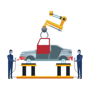 Araba boyacıları kaldırılmış bir arabayı kırmızıya boyuyor ve kapıyı tutan bir robotik kolu var.