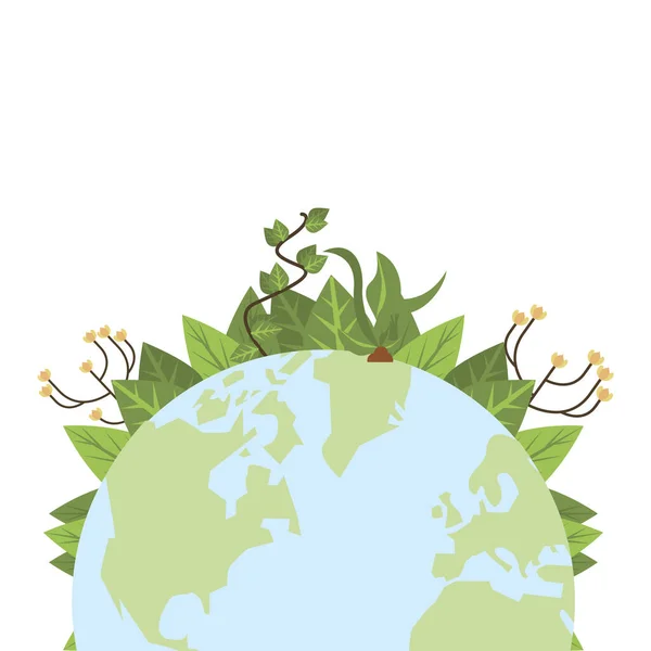 Παγκόσμιος πλανήτης γη με φύλλα φυτών — Διανυσματικό Αρχείο
