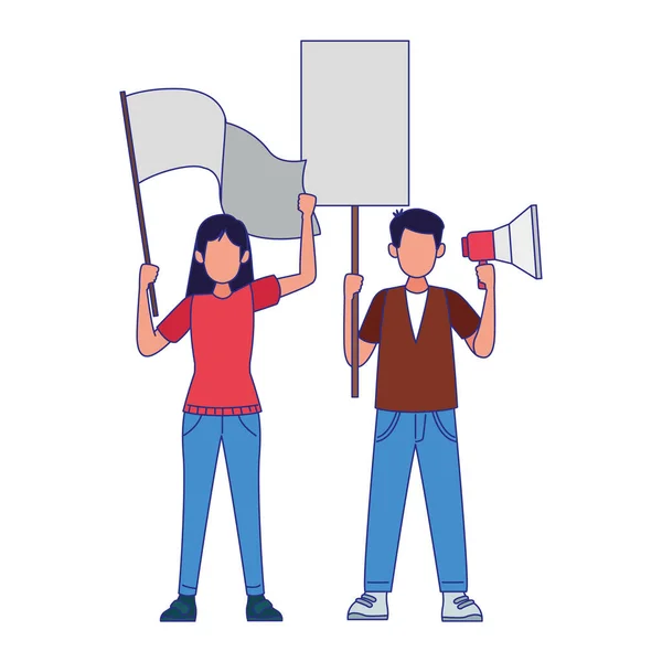 Hombre y mujer con banderas blancas y megáfono, diseño colorido — Vector de stock