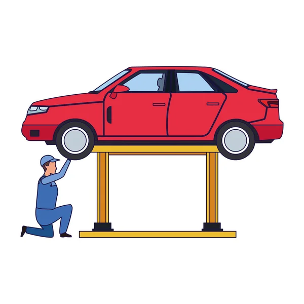 Mécanicien sous une voiture relevée fixer, design coloré — Image vectorielle