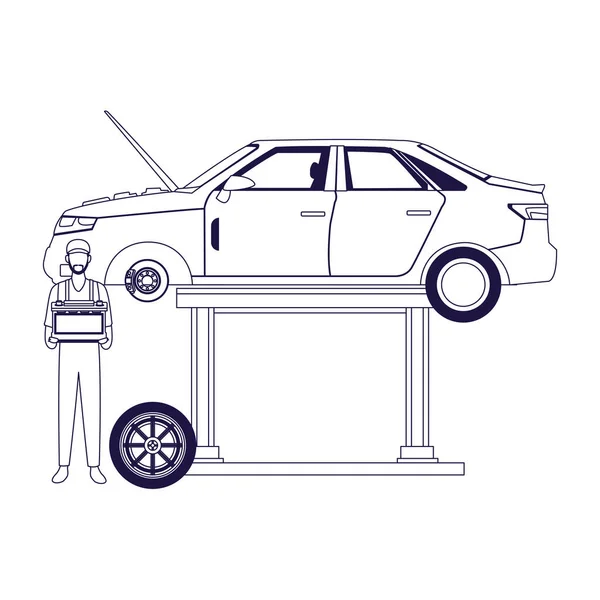 Upplyft bil och mekaniker stående med batteri, platt design — Stock vektor