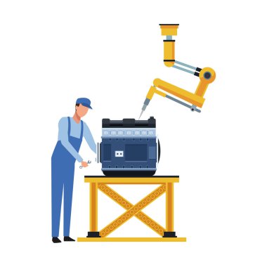 Araba tamircisi ve robot kolu araba motorunu tamir ediyor.