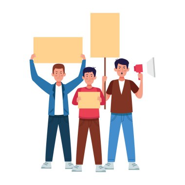 Çizgi filmdeki adamlar boş işaretler ve megafonla protesto ediyorlar.