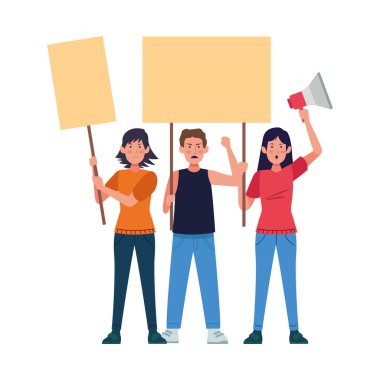 çizgi film gençleri boş tabelalar ve megafonla protesto ediyorlar, renkli tasarım.