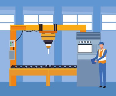 Tamir makineleri ve tamirci duruşu olan araba tamirhanesi manzarası