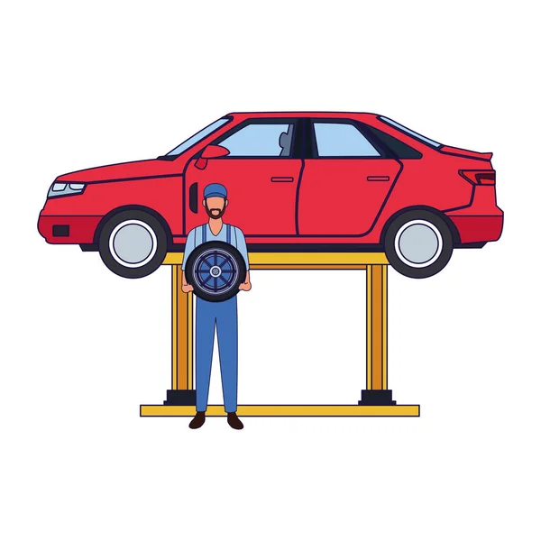 Mecânico segurando um pneu sobre carro levantado, design colorido —  Vetores de Stock