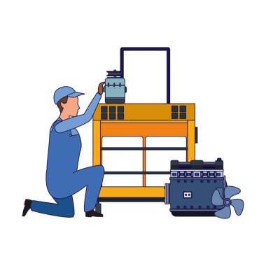 Araç gereçleri olan araba tamircisi. Araba parçaları simgesi olan tramvay.