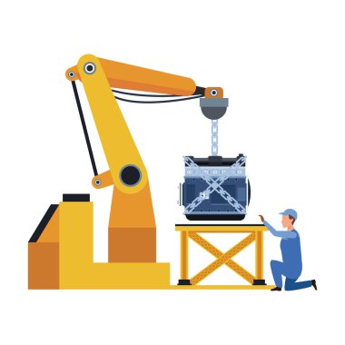 Bir araba motoru ve mekanik denetimi tutan endüstriyel kol