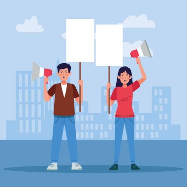 Boş işaretleri ve megafonları olan karikatür adam ve kadın.