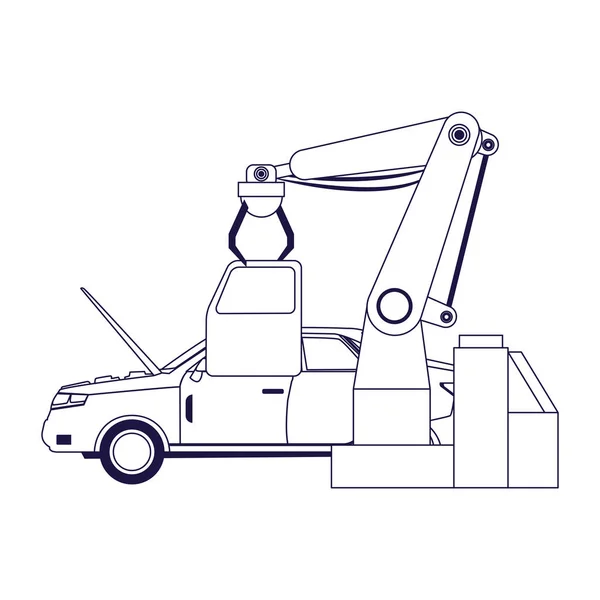 Robotic arm holding a car door, flat design — Stock Vector