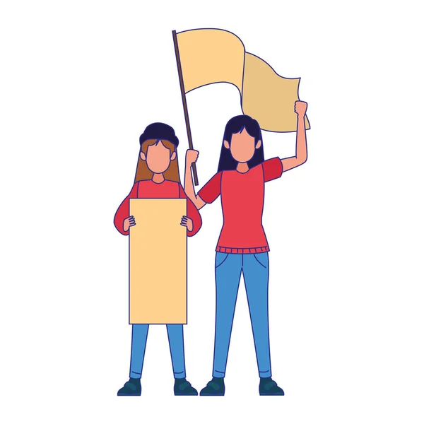 Cartoon-Mädchen protestieren gegen leere Schilder, buntes Design — Stockvektor