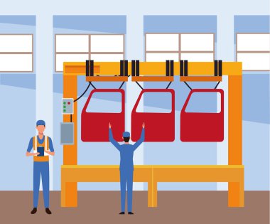 Araba tamir atölyesi manzarası. Araba kapısı ve tamircisi olan bir makine.