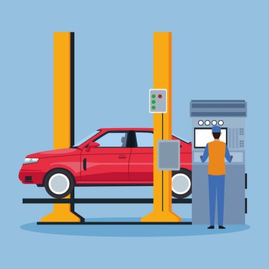 mavi arkaplan üzerinde çalışan araba kaldırılmış ve mekanik makine, renkli tasarım