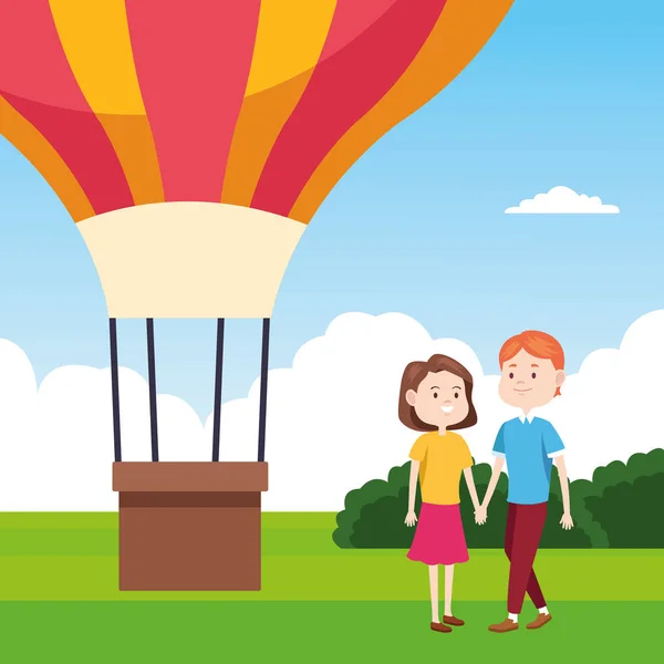 Sıcak hava balonu ve mutlu çift, renkli tasarım. — Stok Vektör