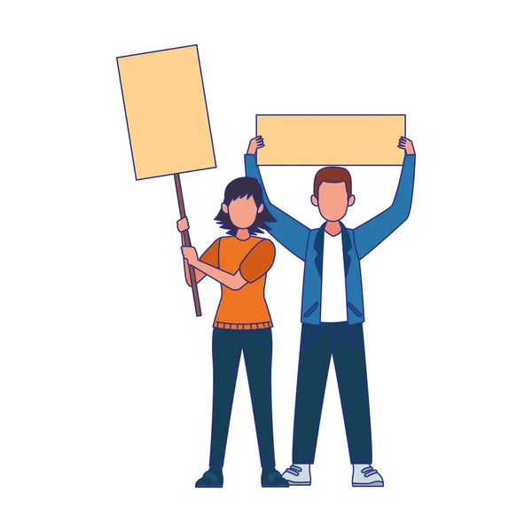 Mujer y hombre con carteles en blanco icono, diseño colorido — Vector de stock