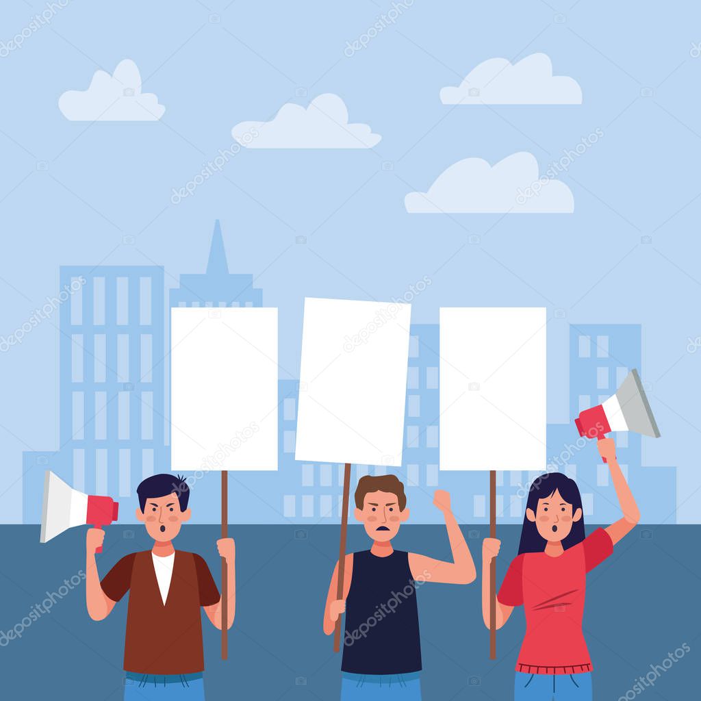 angry men and girl protestating and holding a blank post and megaphone