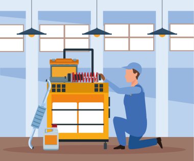 Araç tamir atölyesi manzarası. Araç parçalı el arabası tamircisi.