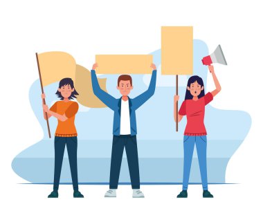 Kızlar ve oğlanlar ellerinde boş direkler ve megafonla protesto ediyorlar.