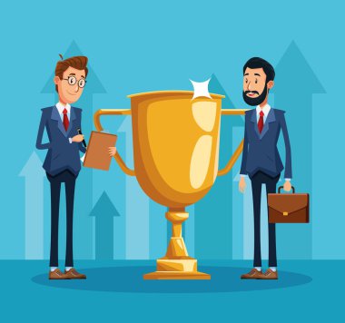 Karikatür işadamları ellerinde büyük kupa, renkli tasarım