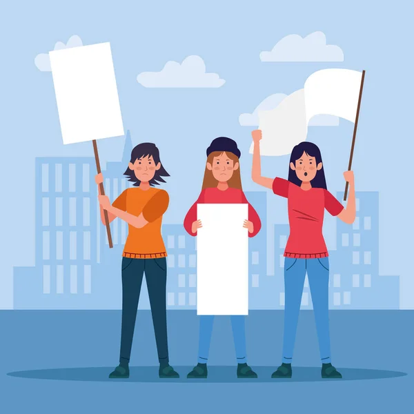 Dibujos animados de mujeres jóvenes protestando sosteniendo carteles en blanco y bandera blanca — Vector de stock