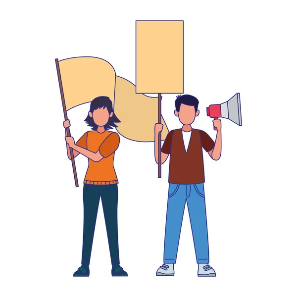 Hombre de dibujos animados protestando sosteniendo un megáfono y una mujer sosteniendo un cartel en blanco, diseño colorido — Vector de stock