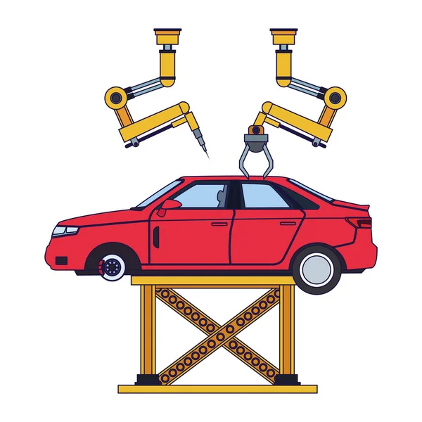 Robotarmar som arbetar på en upplyft bil, diskret design — Stock vektor
