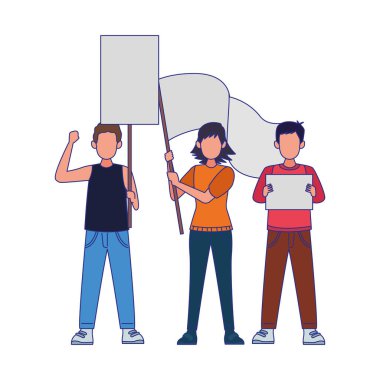 Karikatür erkek ve kadın ayakta protesto ediyor, renkli tasarım.