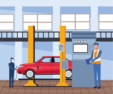 Araba atölyesi manzarası. Adamın biri kırmızıya boyuyor. Kaldırılmış bir araba ve mekanik denetleme.