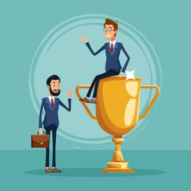 karikatür işadamı ayakta duruyor ve iş adamı kupa üzerinde oturuyor